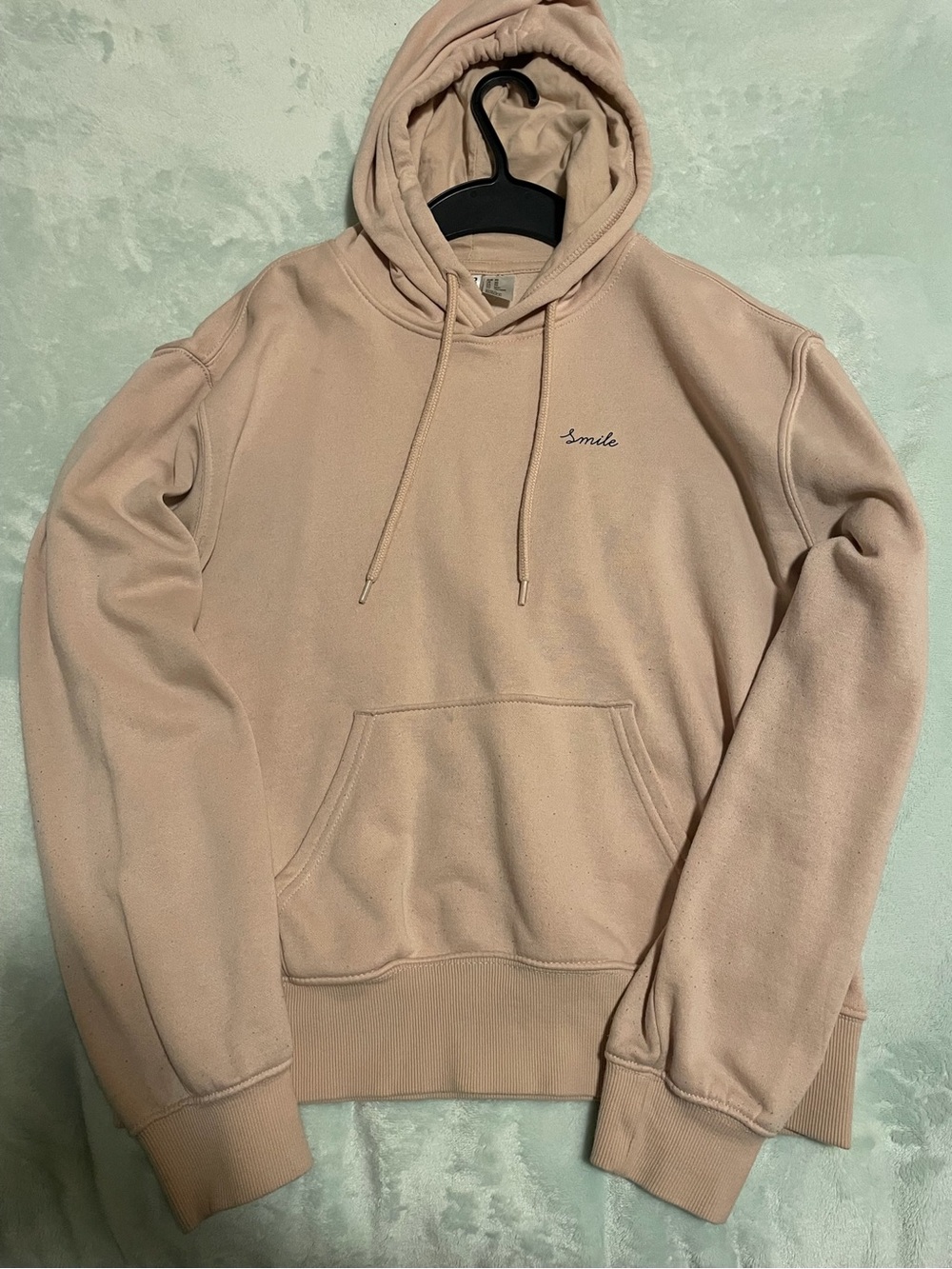 H&M Women's Light Pink Hoodie with 'Smile' Embroidery